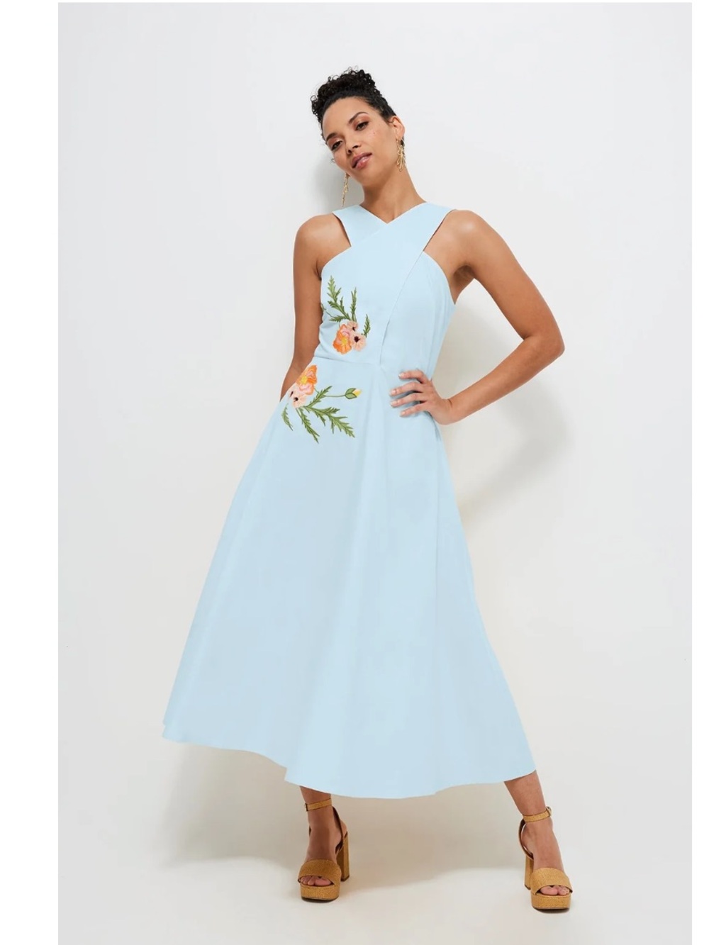 724. Fanm Mon Light Blue Halter Maxi Dress with Floral Embroidery